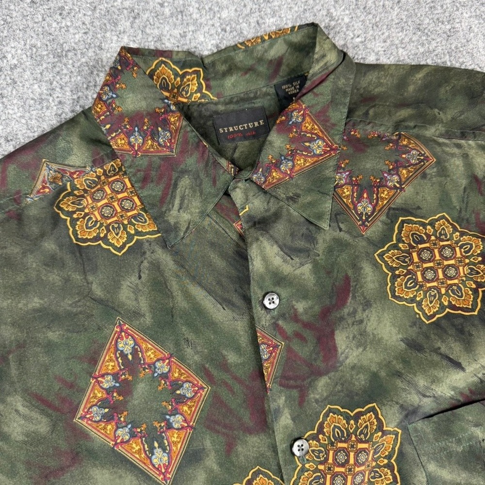 Vtg 90s Structure Silk Button Down Shirt Mens Large Green Medallion Short Sleeve